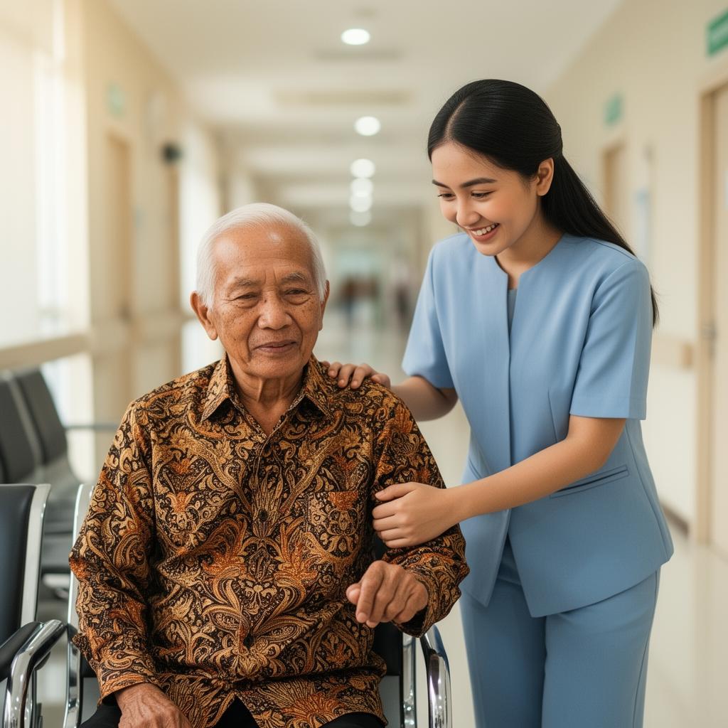 Pendamping Teman Pasien membantu pasien lansia di rumah sakit